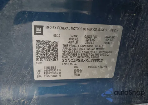 2019 Chevrolet Trax Lt z USA, uszkodzony, nr VIN 3GNCJPSBXKL388613